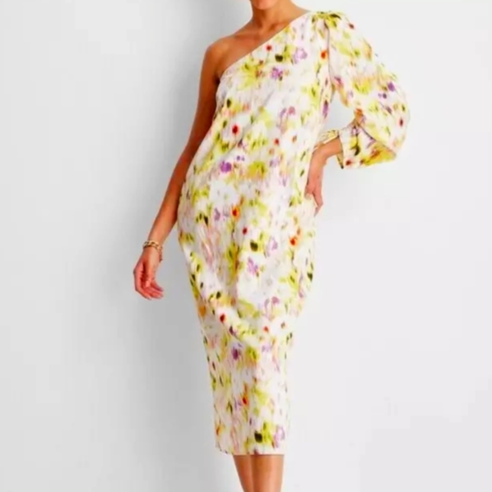 One-Shoulder Floral Midi Dress in White and Pastel